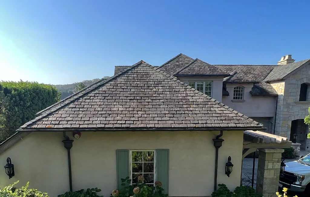 Roof before cleaning, showing dark surface buildup
